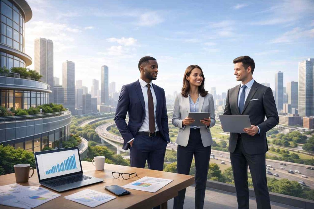 Pedrovazpaulo Business Consulting for Strategic Growth and Operational Excellence Three consultants on rooftop discussing strategy with city skyline in background.