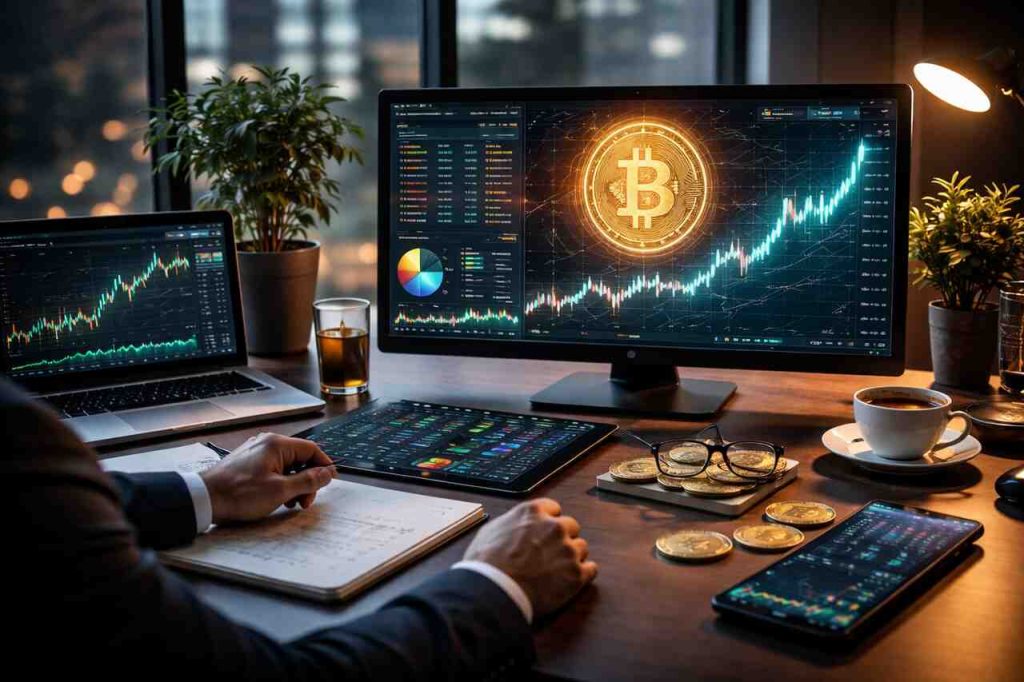 Businessman analyzing cryptocurrency investment charts on multiple screens.