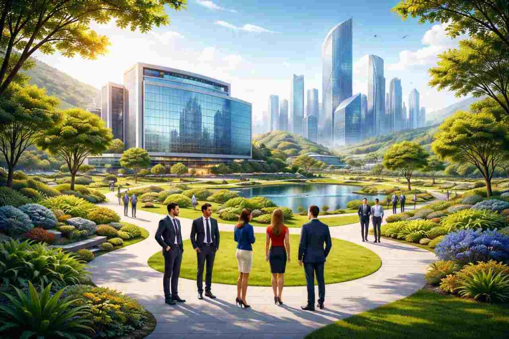 Pedrovazpaulo Human Resource Consulting: Strategic Talent Solutions for Modern Organizations Professionals in a modern green park with cityscape, representing HR consulting.