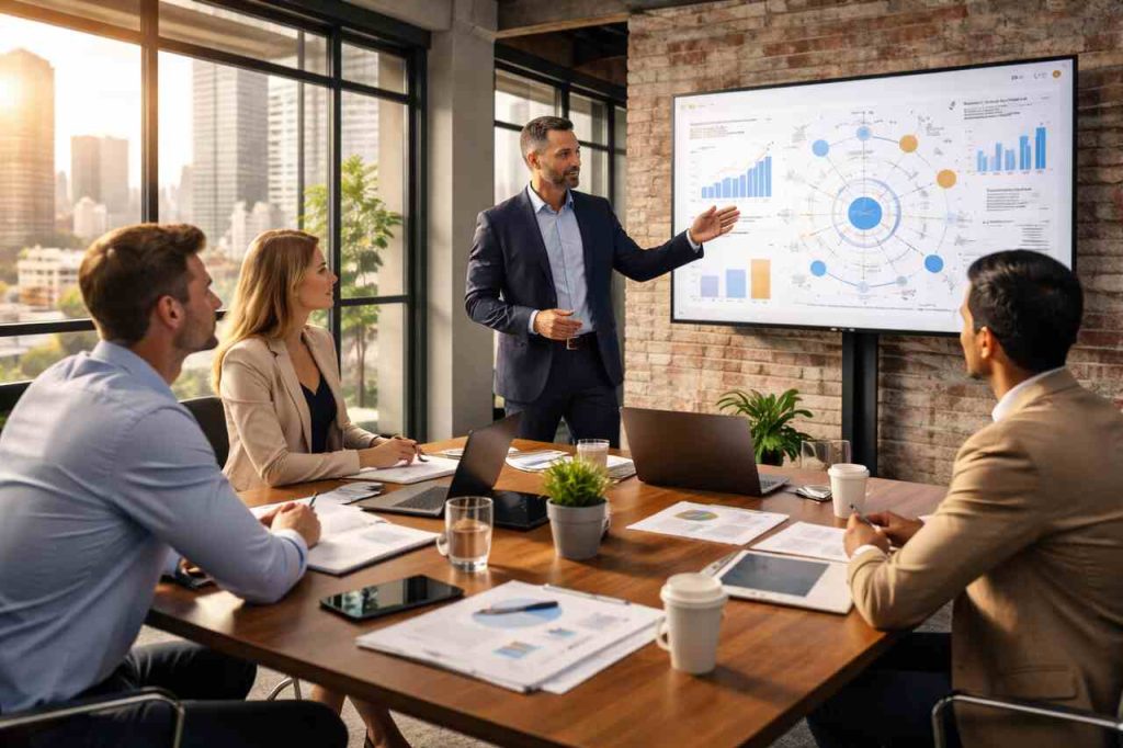 How Pedrovazpaulo Operations Consulting Transforms Business Performance through Strategic Execution Consultant presenting strategy insights in a modern industrial-style office meeting.