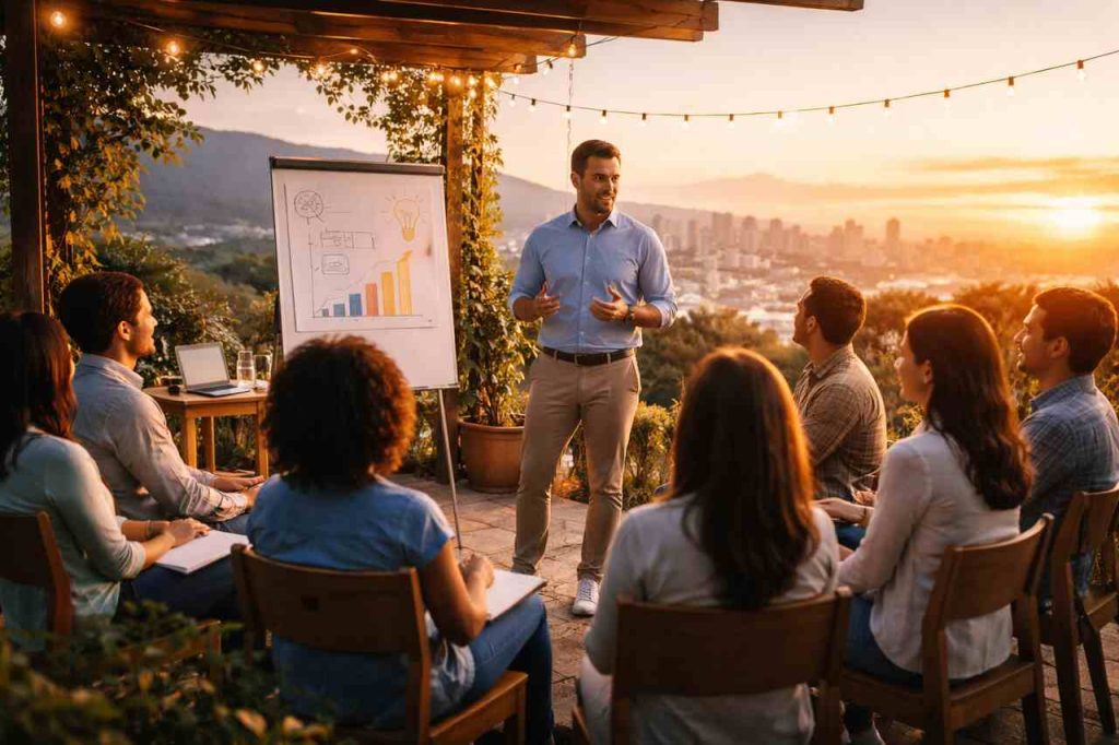Coach leading a personal and professional development session outdoors at sunset.