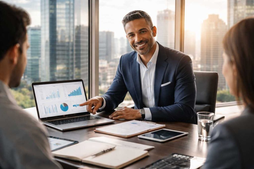 PedroVazPaulo Business Consultant: Maximizing Business Potential Through Strategic Insight Business consultant advising clients with strategy charts on a laptop in a city-view office.
