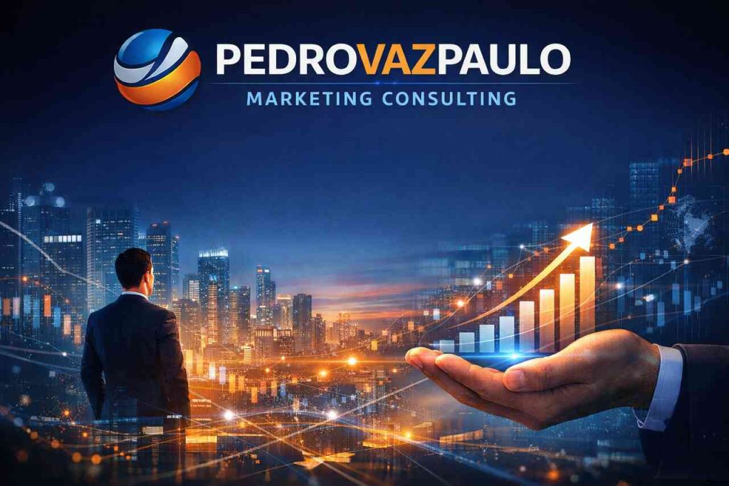 Businessman with growth chart and cityscape representing Pedrovazpaulo Marketing Consulting strategy.
