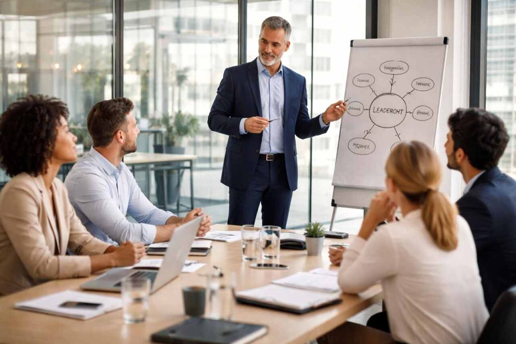 How Pedrovazpaulo Executive Coaching Enhances Professional Leadership Executive coach leading a leadership training session in a modern office.