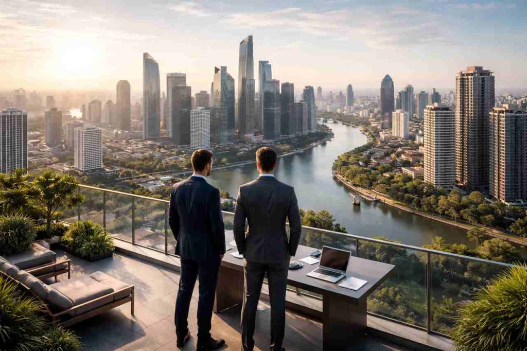 Pedrovazpaulo Real Estate Investment: Strategic Growth and Market Navigation Real estate investors on rooftop overlooking city skyline.