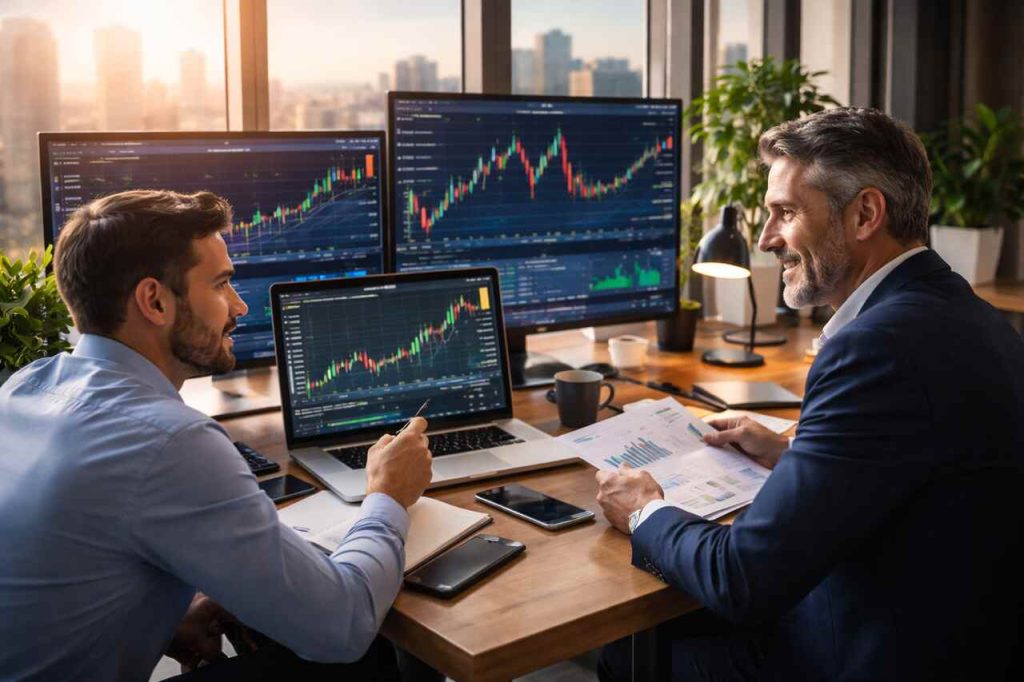 How to Maximize Your Portfolio with Pedrovazpaulo Stocks Investment Strategy Investors reviewing stock strategy data on monitors in a modern office