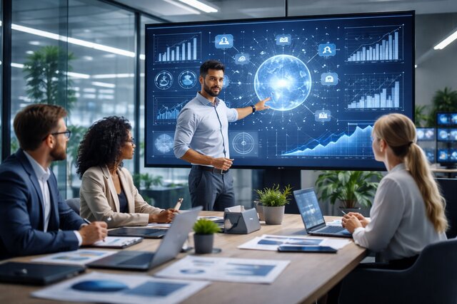 A business consultant presents digital transformation insights on a large screen to a team in a modern office setting.