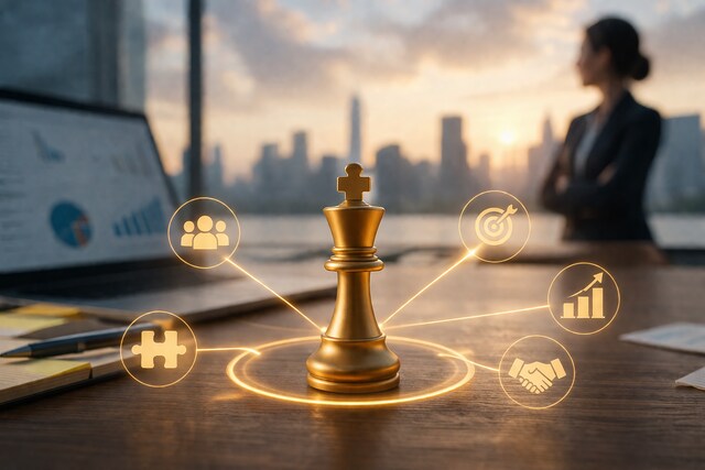 A golden chess king on a desk symbolizes strategic brand positioning, surrounded by glowing business icons.