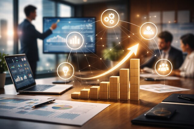 Stacked blocks forming an upward graph with glowing business icons represent operational scalability in a modern office.