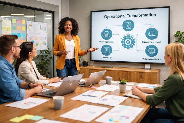 A business coach presents operational transformation strategies to a team during a modern office meeting.