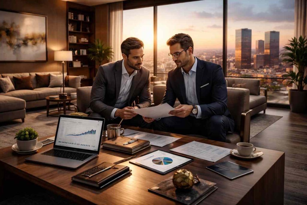 Financial consultants reviewing wealth plans in a modern office.