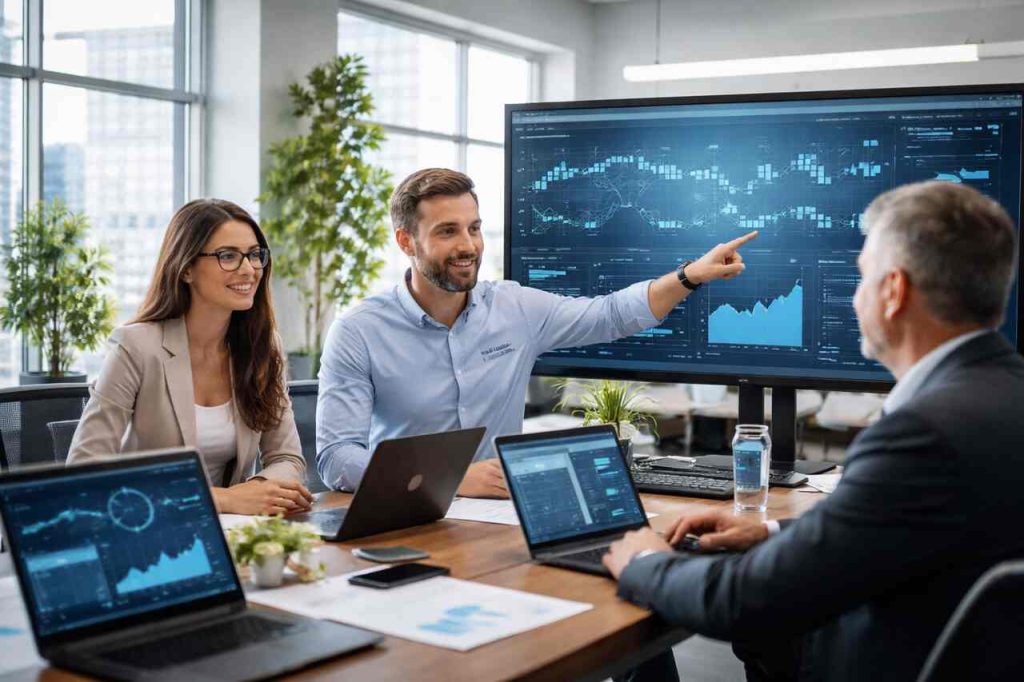 IT consultants analyzing data with a client in a modern office.