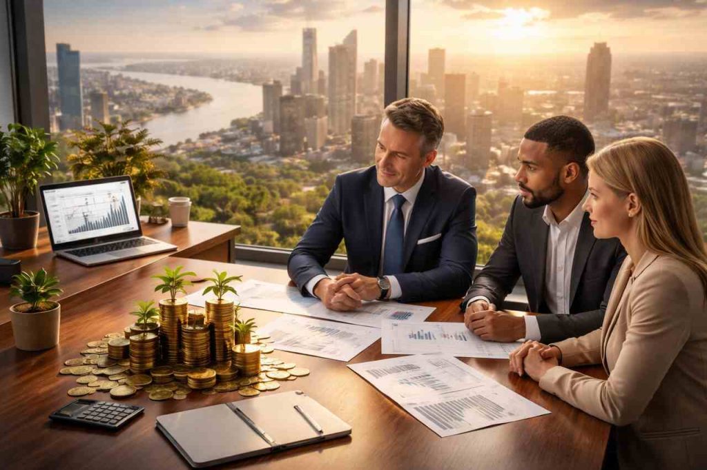 Professionals discussing sustainable investment strategies with coins and city skyline backdrop.