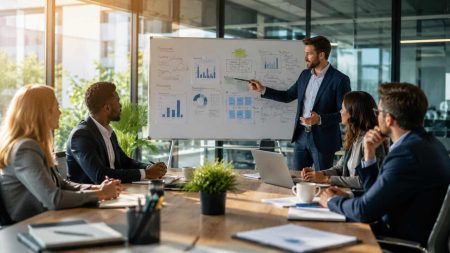 Business consultants planning growth strategy in a modern office