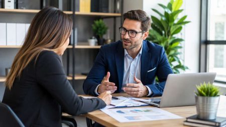 Small business marketing consultant discussing growth strategy with client