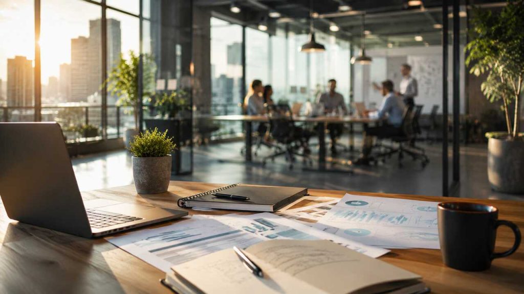 Modern business team planning company growth strategy in a contemporary office