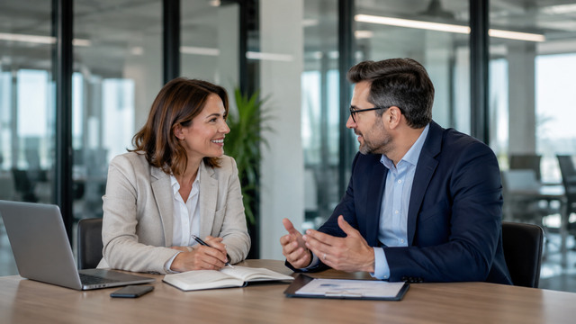 Business consultant discussing strategy with a client in a modern office