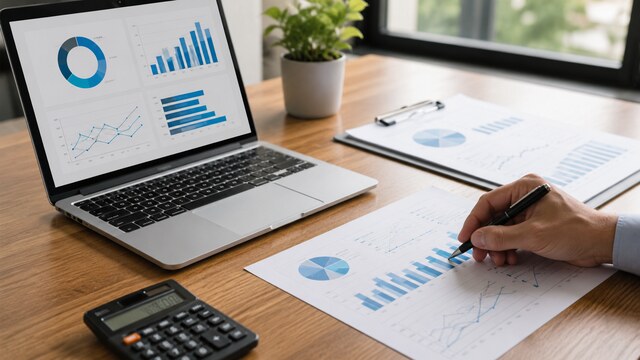 Business performance analysis with charts and reports on a modern office desk