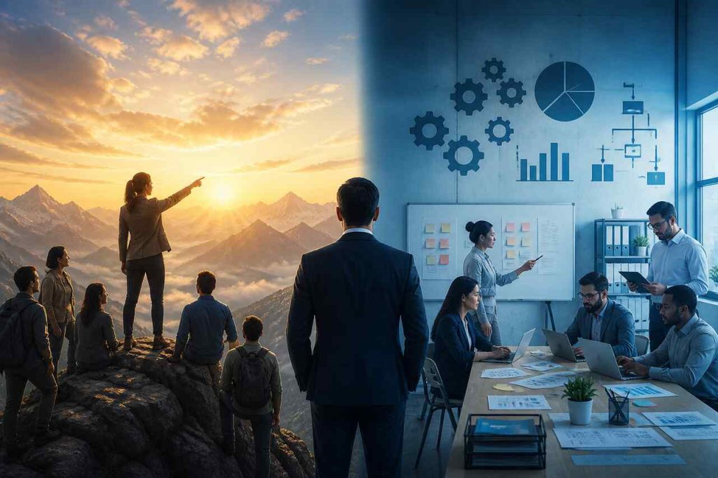 Leadership vs Management: Key Differences, Skills, and Practical Applications for Organizational Success A split scene showing a leader guiding a team on a mountain and a manager coordinating a team in an office environment
