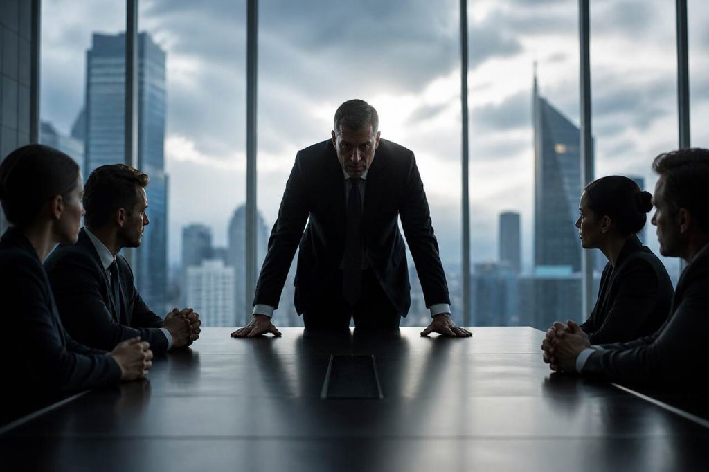 Authoritative business leader standing and directing a silent team in a modern boardroom