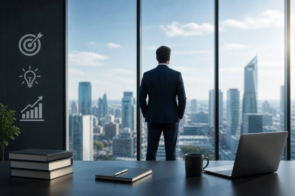 Professional business leader standing in a modern office overlooking a city skyline, symbolizing strategic thinking, authority, and leadership vision.
