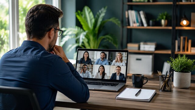 Manager leading a virtual meeting with a remote hybrid team from a home office.