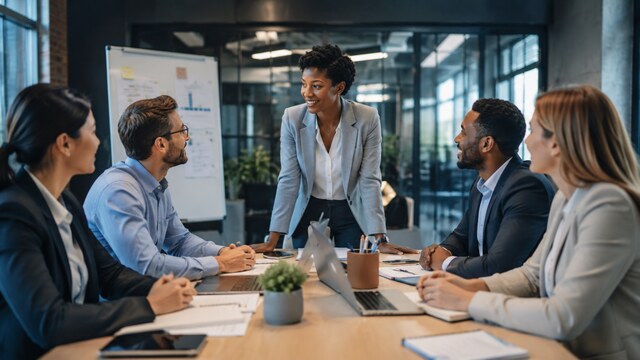 Leadership team discussing management strategies in a modern office