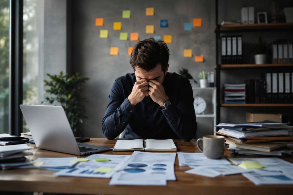 Stressed business founder overwhelmed by work and responsibilities in a busy office