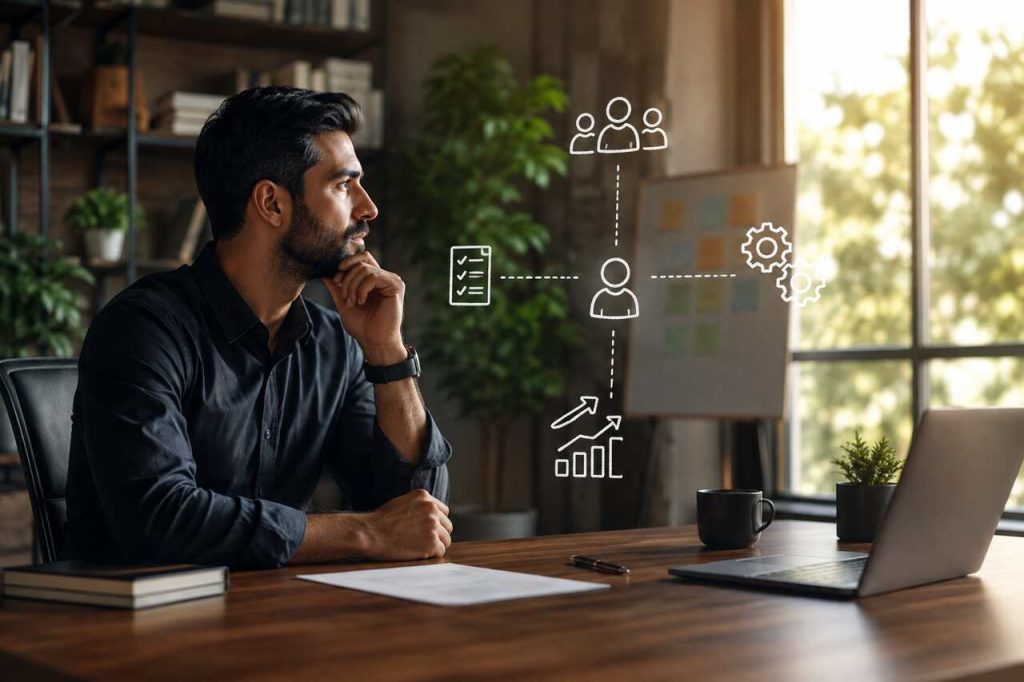 Founder planning delegation and scalable business leadership in a modern office