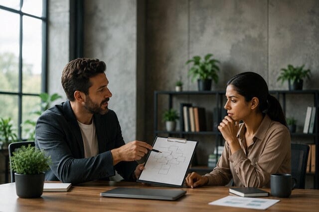 Founder transferring decision-making responsibility to a team member through clear delegation and collaborative leadership.