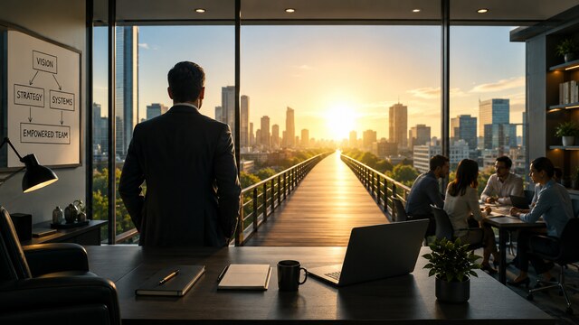 Founder leading a business with strategic systems, empowered employees, and scalable decision-making in a modern executive office.