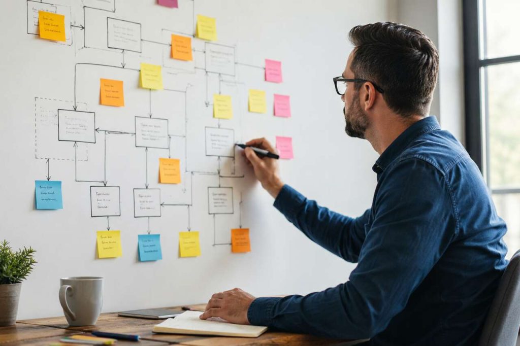 Business owner documenting a workflow and business process on a wall-mounted flowchart