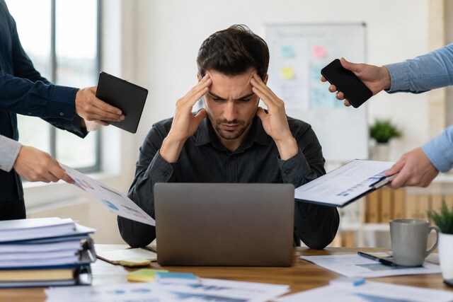 Founder overwhelmed by multiple tasks and decisions while working at a busy office desk