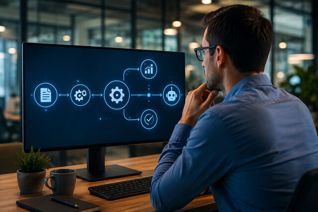 Business professional evaluating a digital workflow automation process on a computer