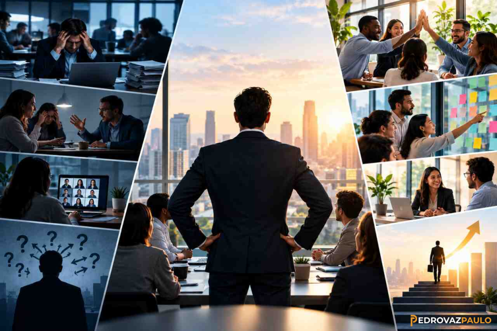 Business leader navigating leadership challenges in modern workplaces through teamwork, communication, and strategic solutions.