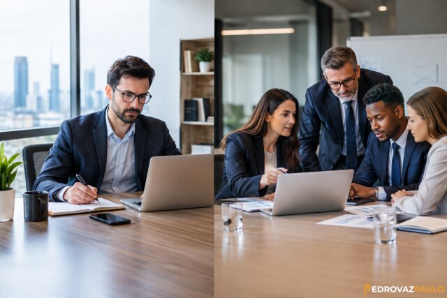 Independent management consultant working alone compared with a team of consultants collaborating in a modern office.