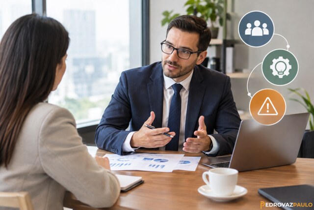 Management consultant discussing business strategy, project costs, and risk factors with a client in a modern office.